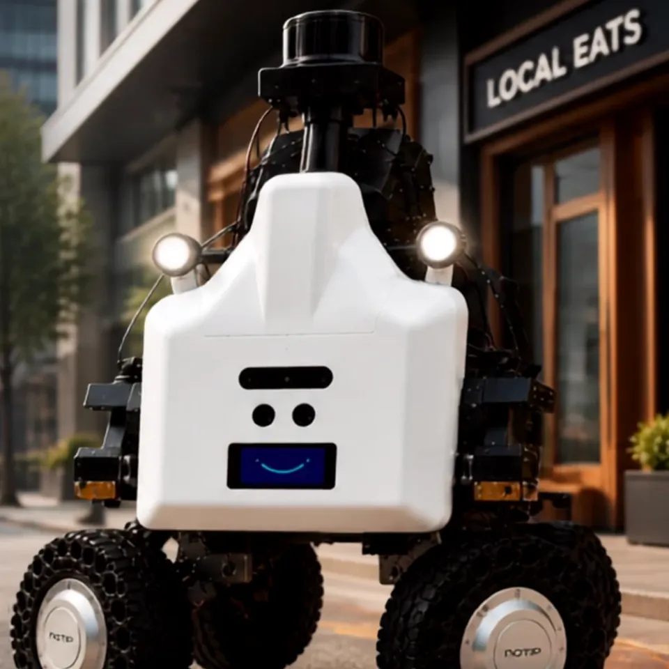 Noah, NoTip's four-wheeled white delivery robot, front view.