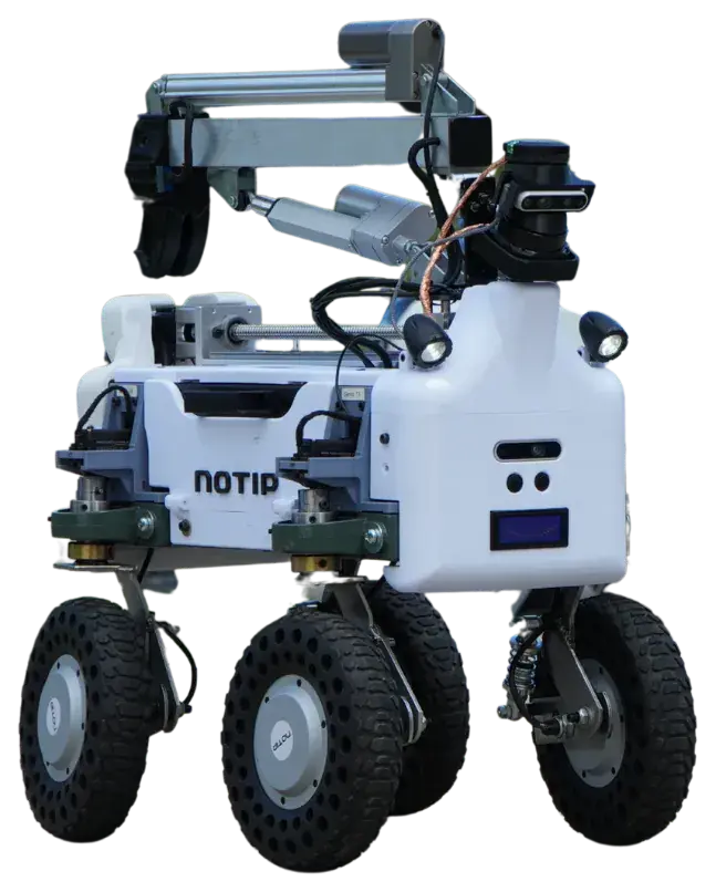 Noah, NoTip's delivery robot, with its arm raised.