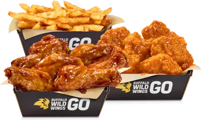Buffalo Wild Wings bone‑in wings, boneless wings and fries