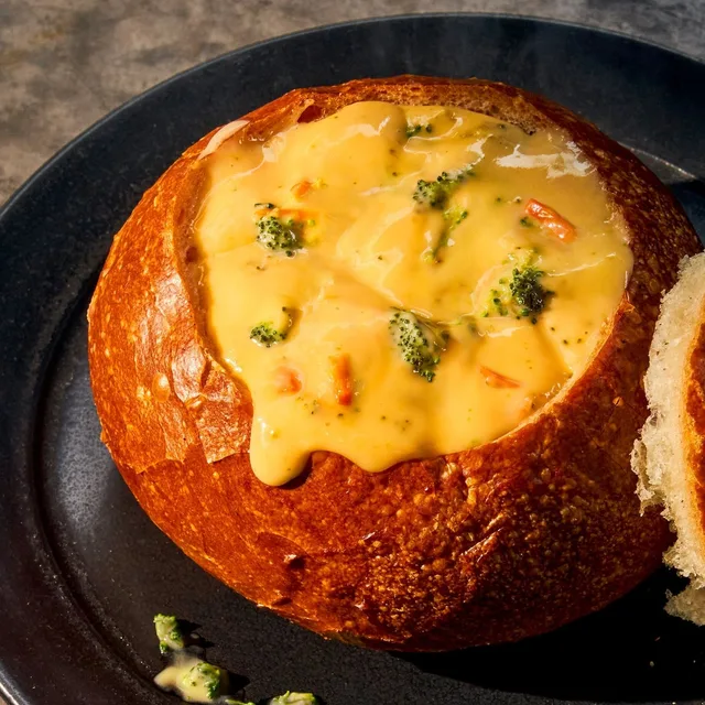 A Panera Broccoli Cheddar Soup Bread Bowl